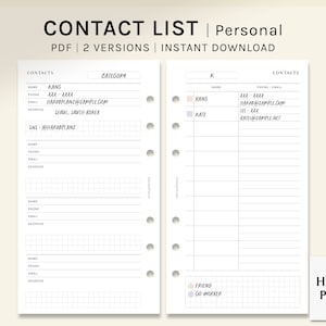 May include: A printable contact list template with two versions. The left side has a category section and the right side has a section for contacts with a name, phone number, and email address. The template has a grid pattern and is designed for a personal contact list.
