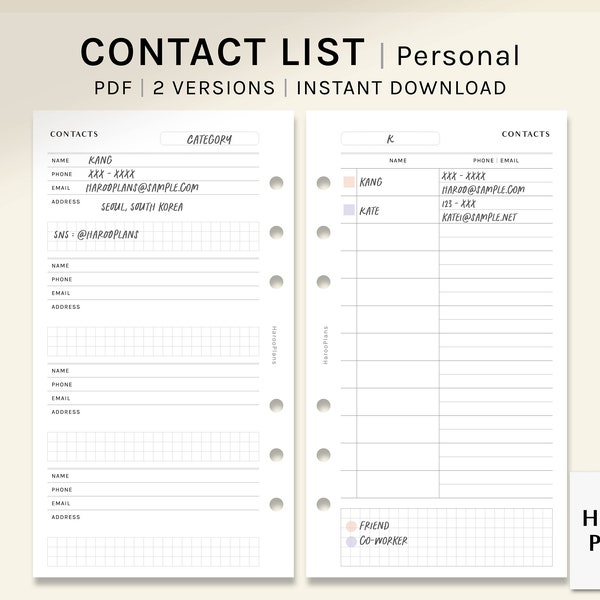 Contact List Sheet | Personal Printable Planner Inserts | Phone Number Email List Template PDF | Address Book Worksheet | Digital Download