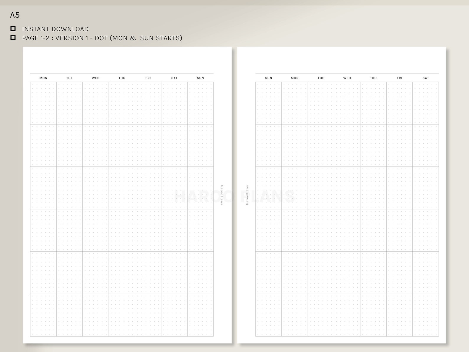 Undated Monthly Calendar | A5 Printable Planner Inserts | Dot Grid MO1P ...