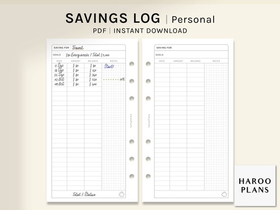 Savings Log Personal Size Printable Planner Inserts | Etsy