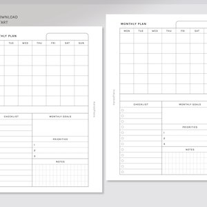 Puede incluir: Un planificador mensual A6 imprimible con dos p&aacute;ginas. La p&aacute;gina izquierda tiene una cuadr&iacute;cula de calendario para el mes, una lista de verificaci&oacute;n y una secci&oacute;n para objetivos mensuales con espacio para prioridades y notas. La p&aacute;gina derecha tiene una cuadr&iacute;cula de calendario para el mes, una lista de verificaci&oacute;n y una secci&oacute;n para objetivos mensuales con espacio para prioridades y notas.