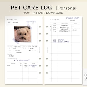 Pet Care Log | Personal size Printable Planner Inserts | Animal Profile Health Information Template | Vaccination Tracker | Digital Download