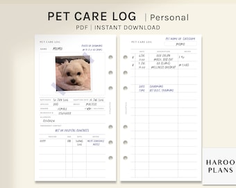 Pet Care Log | Personal size Printable Planner Inserts | Animal Profile Health Information Template | Vaccination Tracker | Digital Download