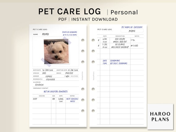 Pet Care Log | Personal size Printable Planner Inserts | Animal Profile Health Information Template | Vaccination Tracker | Digital Download