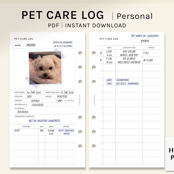 Pet Care Log | Personal size Printable Planner Inserts | Animal Profile Health Information Template | Vaccination Tracker | Digital Download