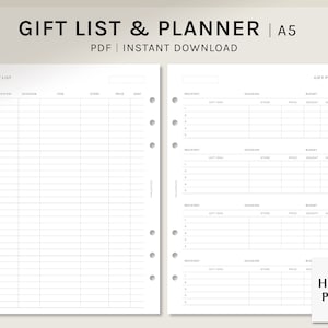 Peut inclure: Une liste de cadeaux et un planificateur imprimables au format A5. La page de gauche comporte des colonnes pour le destinataire, l'occasion, l'article, le magasin, le prix et l'envoi. La page de droite comporte des colonnes pour le destinataire, l'idée cadeau, l'occasion, le magasin, le prix, le budget, l'achat et l'envoi.