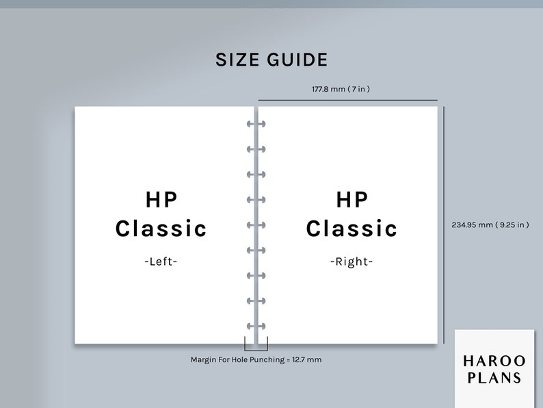 K&ouml;nnte beinhalten: Ein Gr&ouml;&szlig;enleitfaden f&uuml;r einen Planer mit wei&szlig;em Einband und schwarzer Bindung. Der Planer ist 234,95 mm breit und 177,8 mm hoch. Der Text "HP Classic" ist auf der linken und rechten Seite des Planers gedruckt. Der Text "Rand f&uuml;r Lochen 12,7 mm" ist unter der Bindung gedruckt. Der Text "HAROO PLANS" ist in der unteren rechten Ecke gedruckt.