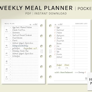Puede incluir: Un planificador de comidas semanal de bolsillo. El planificador tiene un fondo blanco con líneas de cuadrícula negras e incluye una sección de plan de comidas para cada día de la semana, una sección de lista de la compra y un rastreador de presupuesto. El planificador está diseñado para su uso con un sistema de encuadernación en espiral.