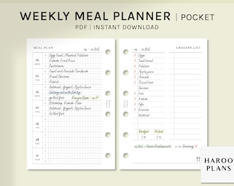 Può includere: Un planner settimanale per i pasti in formato tascabile. Il planner ha uno sfondo bianco con linee di griglia nere e include una sezione di pianificazione dei pasti per ogni giorno della settimana, una sezione di lista della spesa e un tracker di budget. Il planner è progettato per l'uso con un sistema di rilegatura a spirale.