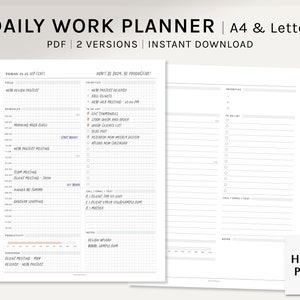 Planificador de trabajo diario / Insertos imprimibles tamaño A4, carta de EE. UU. / Plantilla de organizador de productividad / Hoja de trabajo de diario con diseño de cuadrícula / Descarga digital