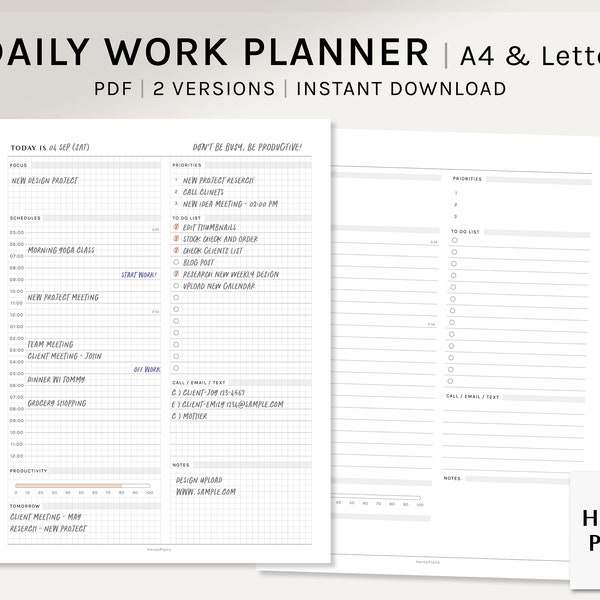 Daily Work Planner | A4, US Letter Printable Inserts | Productivity Organizer Template | Grid Layout Journal Worksheet | Digital Download