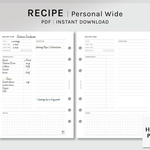 Rezeptbogen | Personal Wide Printable PlanerEinlagen | Blanko Kochbuch Vorlage | Menüplan Notizen | Food Idea PDF | Digitaler Download