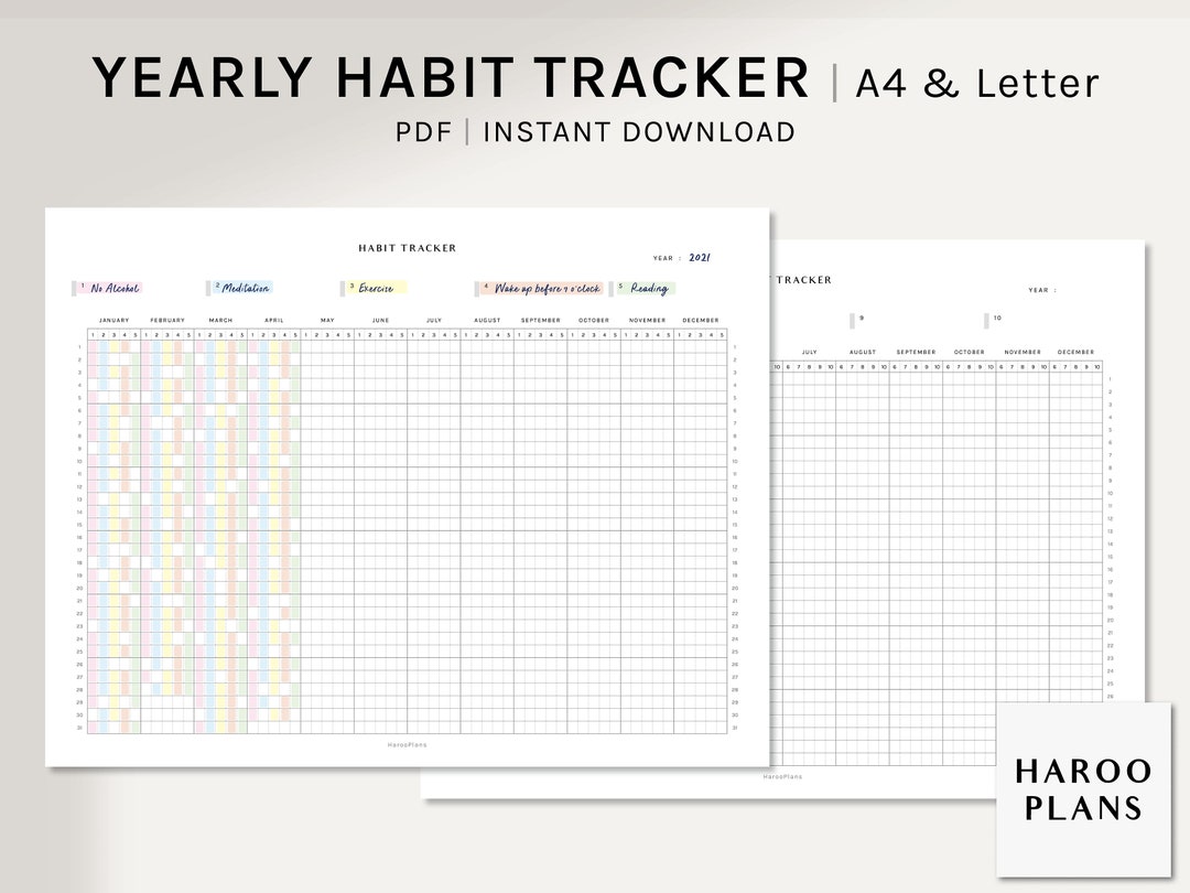 Yearly Habit Tracker | A4, US Letter Size Printable Planner | Routine ...
