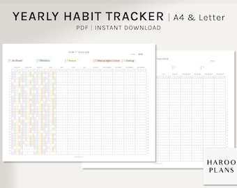 Pode incluir: Um rastreador de hábitos anual imprimível com o título "YEARLY HABIT TRACKER" e o texto "A4 & Letter PDF | INSTANT DOWNLOAD". O rastreador inclui seções para hábitos como "Sem Álcool", "Meditação", "Exercício", "Acordar antes das 8" e "Leitura".