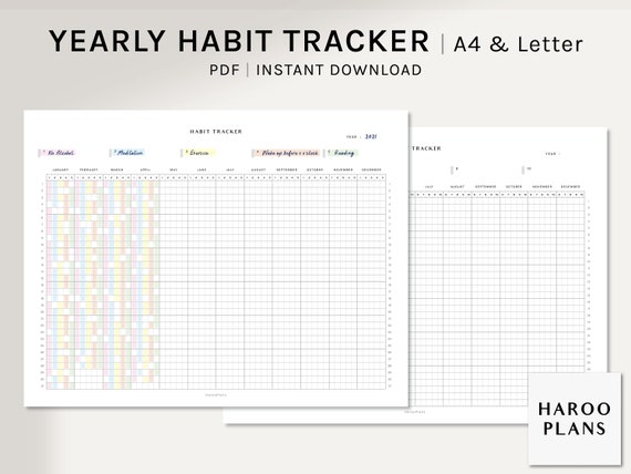 Yearly Habit Tracker | A4, US Letter Size Printable Planner | Routine Tracker template | Tasks Chores Log Sheet | Digital Download