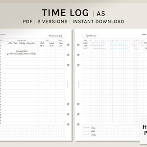 Time Log | A5 Printable Planner Inserts | Work Activity Time Tracker Sheet Template | Schedule Organizer Worksheet PDF  | Digital Download