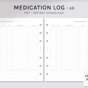 Medicatie Log Sheet | A6 Afdrukbare Planner Voegt | Geneeskunde Tracker | Supplementen Pill List | Vitamine Inname Werkblad | Digitale download