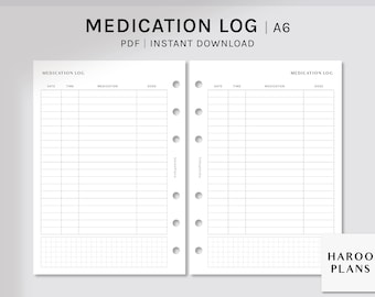 Medication Log Sheet | A6 Printable Planner Inserts | Medicine Tracker | Supplements Pill List | Vitamin Intake Worksheet | Digital Download