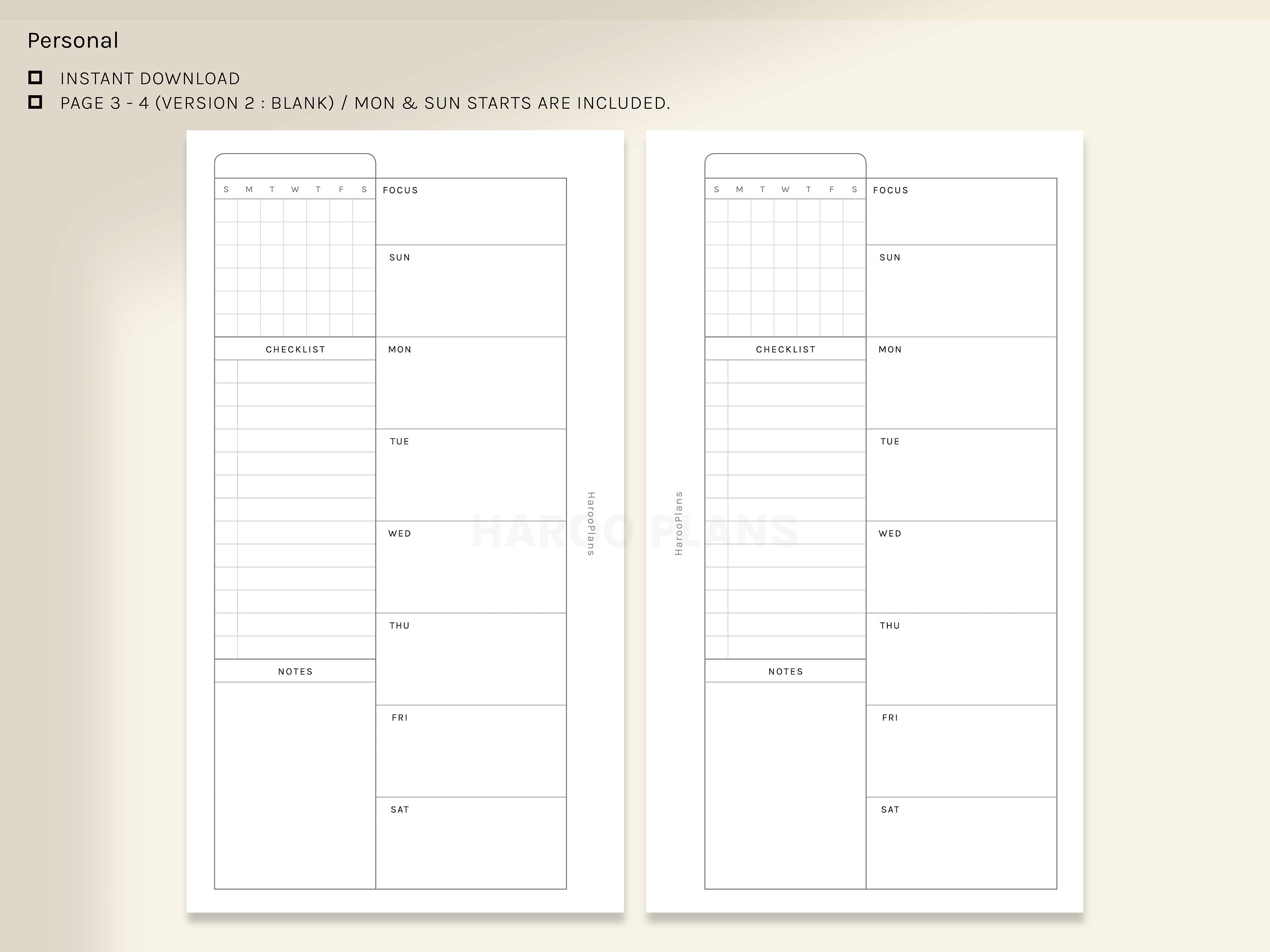Undated Weekly Planner | Personal Size Printable Inserts | WO1P Layout ...