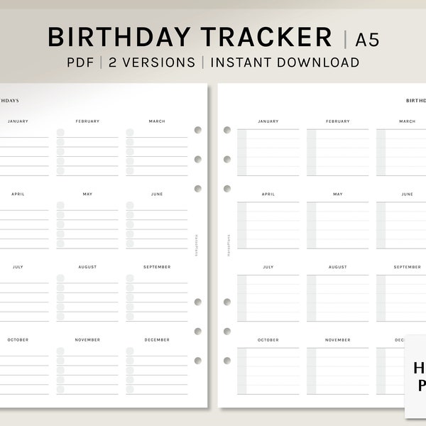 Birthday Tracker | A5 Ring | Printable Planner Inserts | 2 Versions | Birthday List Calendar Sheet | Digital Download