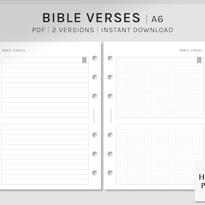 May include: A printable A6 size PDF planner with two versions, one with lined pages and one with grid pages. The planner is designed for writing down Bible verses and has the text "Bible Verses" at the top of each page.