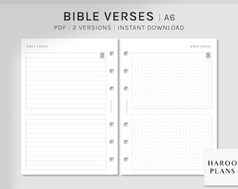 May include: A printable A6 size PDF planner with two versions, one with lined pages and one with grid pages. The planner is designed for writing down Bible verses and has the text "Bible Verses" at the top of each page.