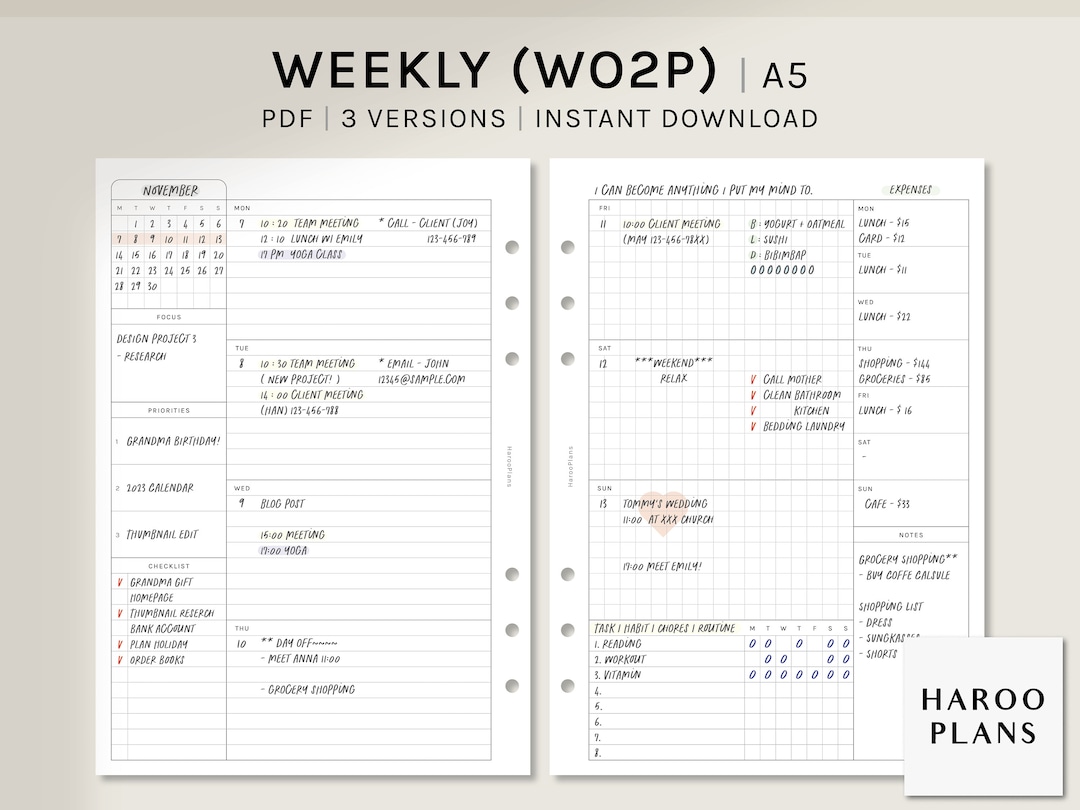 Undated Weekly | A5 Printable Planner Inserts | WO2P Schedule Template ...