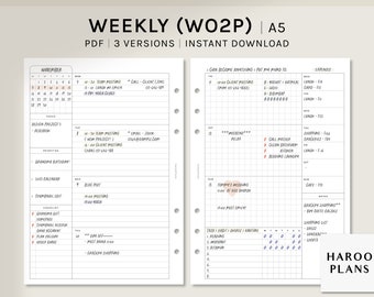 Undated Weekly | A5 Printable Planner Inserts | WO2P Schedule Template | with Calendar, Tracker | Week at a glance PDF | Digital Download