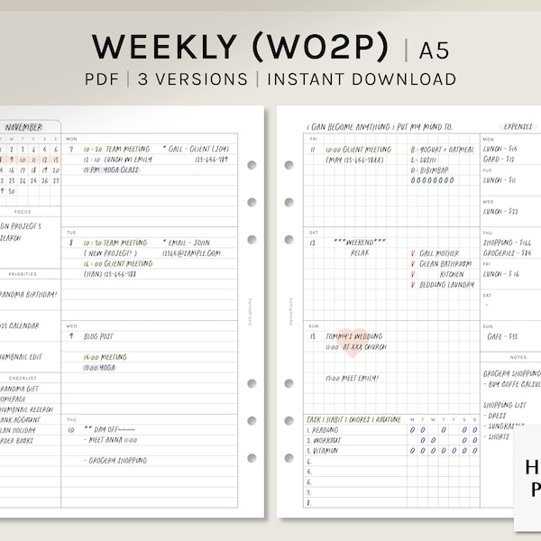 Undated Weekly | A5 Printable Planner Inserts | WO2P Schedule Template | with Calendar, Tracker | Week at a glance PDF | Digital Download