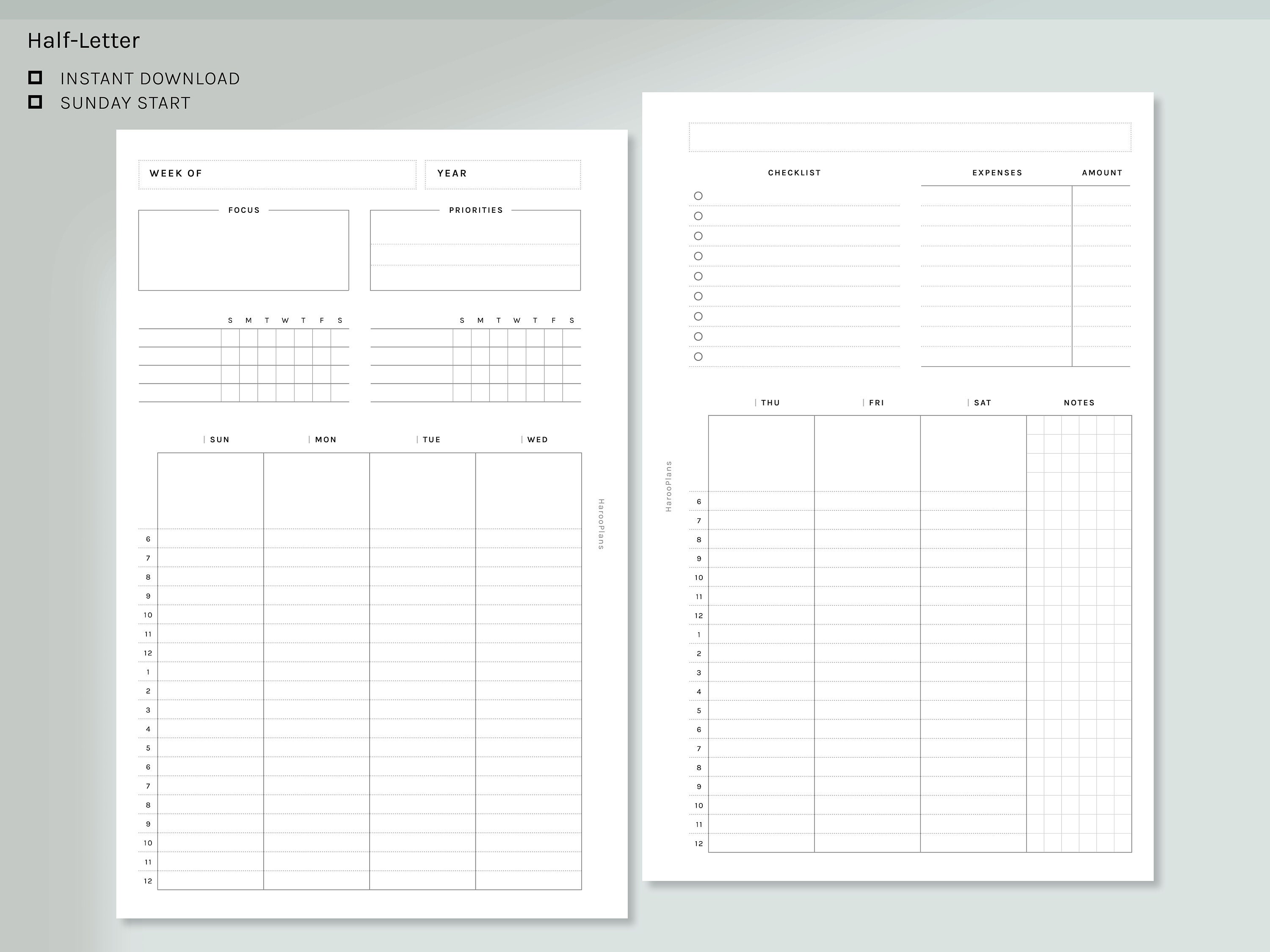 Week at a Glance | Half-letter Ring Printable Planner Inserts | Weekly ...