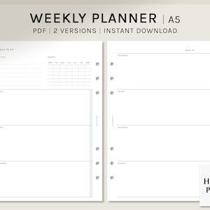 Op de afbeelding: Een wekelijkse planner in A5-formaat, met twee versies, in PDF-formaat. De planner heeft een sectie voor prioriteiten, een maandelijkse kalender en een wekelijkse lay-out met ruimte voor elke dag van de week. De planner is ontworpen voor eenvoudig gebruik en organisatie.