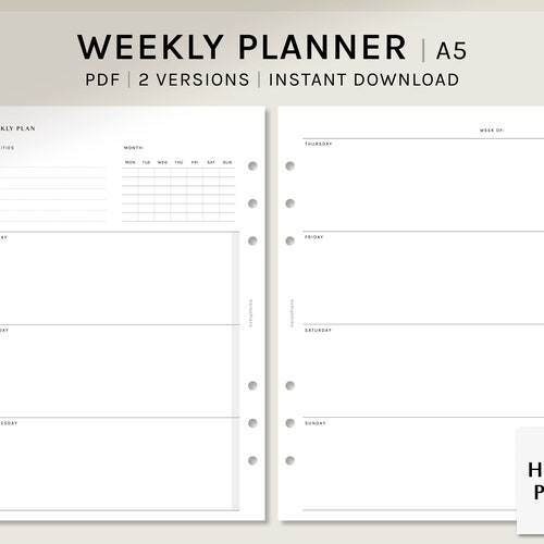 Simple Weekly Planner Printable A5 PDF Template WO2P | Etsy
