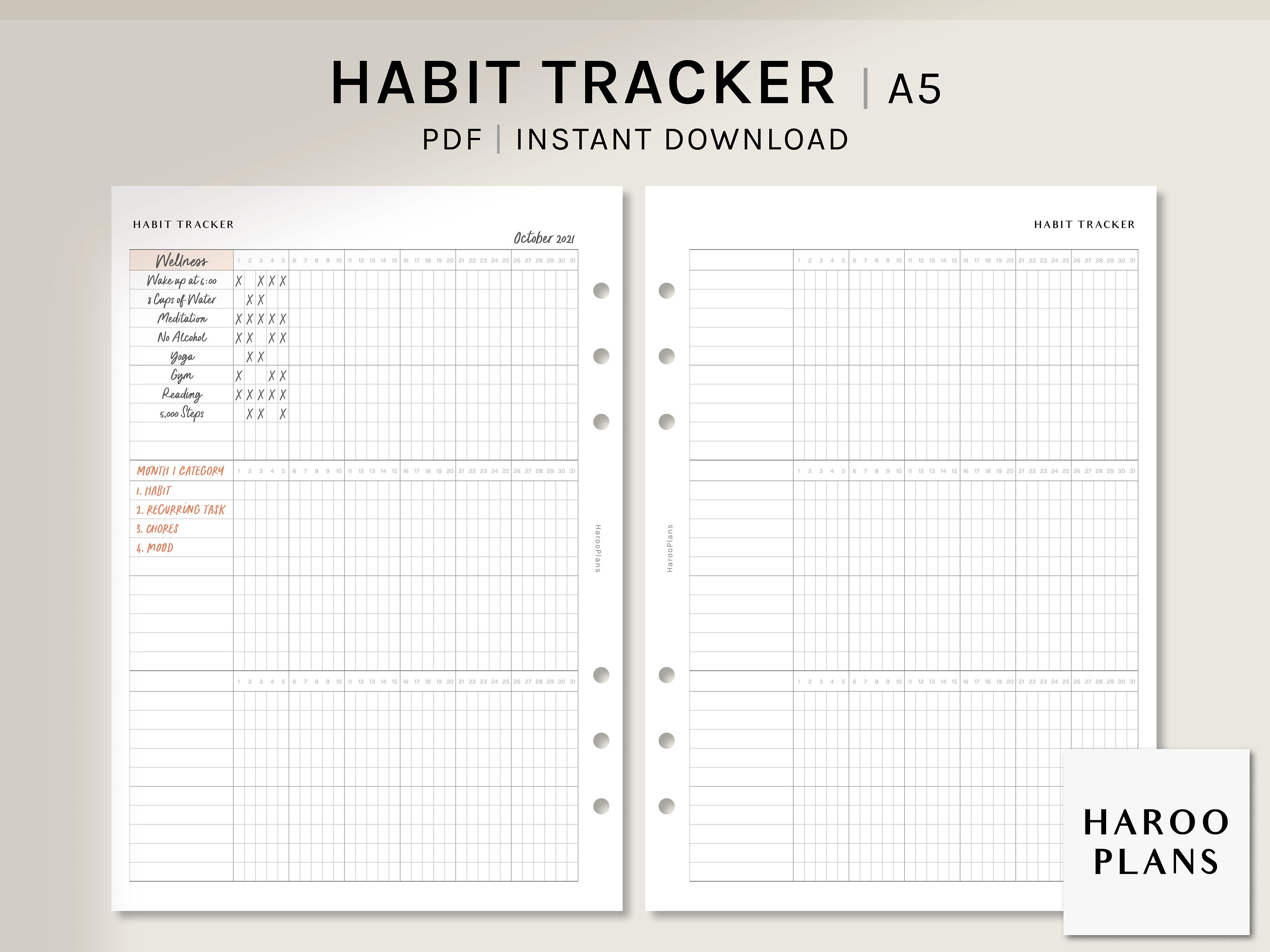Habit Tracker | A5 Printable Planner Inserts | Monthly Task Chores Log ...