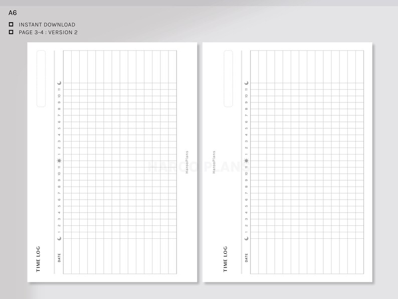 May include: A printable time log sheet with a grid layout and a space for the date. The sheet is divided into 24 hours, with a sun icon at the top and a moon icon at the bottom.