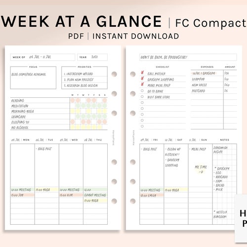 Woche auf einen Blick | FC kompakte Größe druckbare Planer Einsätze | Wochenübersicht Organizer | WO2P Gewohnheit Aufgaben Tracker PDF | Digitaler Download
