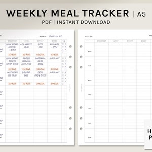 Weekly Meal Tracker | A5 Printable Planner Inserts | Food Log Template PDF | Water intake Checklist | Meal Plan Sheets | Digital Download