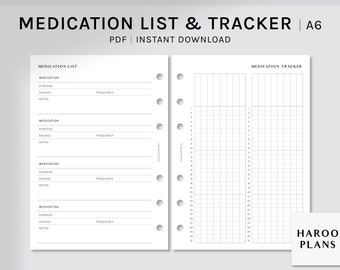 May include: A printable medication list and tracker in A6 size. The left side has a list for four medications with space for the name, purpose, dosage, frequency, and notes. The right side is a grid for tracking medication taken over a month.