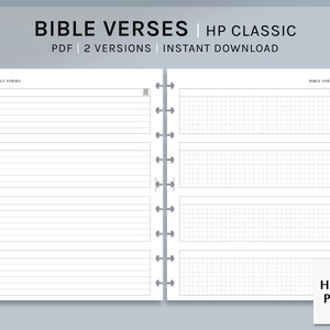 May include: Printable PDF planner pages for a Happy Planner Classic size planner. The pages are designed for writing Bible verses and have two different layouts: lined and grid. The text "BIBLE VERSES" is at the top of the page.