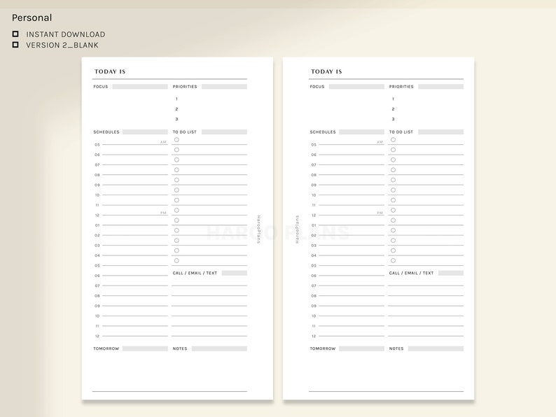 Peut inclure: Un planificateur quotidien imprimable avec deux pages. Le haut de chaque page indique "Aujourd'hui est" et comporte des sections pour la concentration, les priorit&eacute;s, les horaires et une liste de choses &agrave; faire. Le bas de chaque page comporte des sections pour les notes et demain.