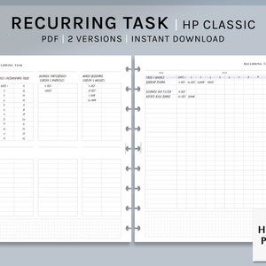 May include: A printable planner page with a grid layout for recurring tasks. The page is divided into sections for different tasks, such as "Change Toothbrush Every 3 Months" and "Track 1 Shovel Each of Pasta". The page also includes a section for notes.