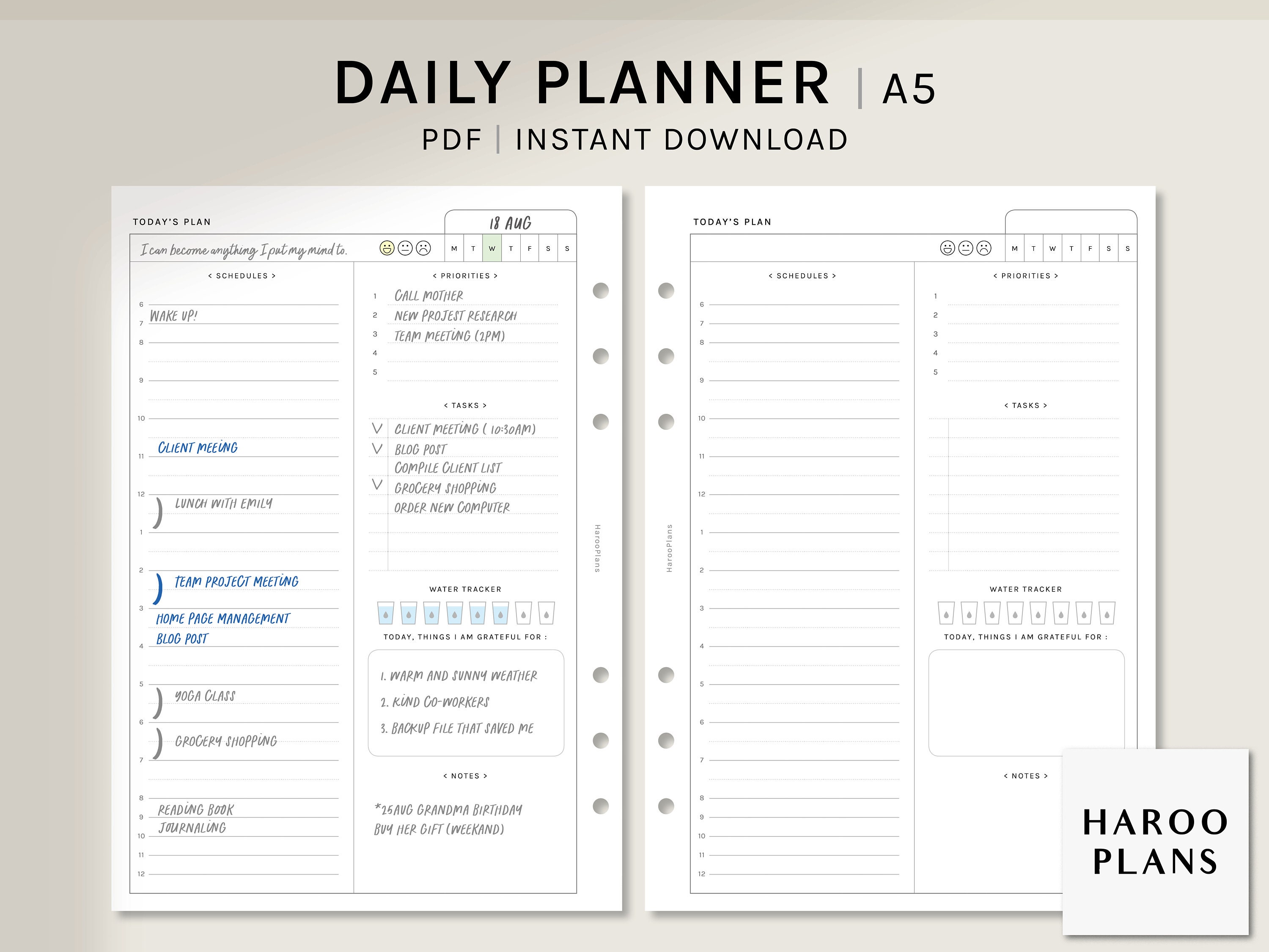 Daily Task Planner | A5 Printable Planner Inserts | Daily Schedule Template | Today's Journal | Undated Day Plan Notepad | Digital Download
