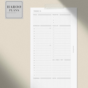 Peut inclure: Une page de planificateur quotidien imprimable en noir et blanc avec le texte "TODAY IS" en haut. La page est divis&eacute;e en sections pour la concentration, les priorit&eacute;s, les horaires, la liste des choses &agrave; faire, les appels/e-mails/textes et les notes.