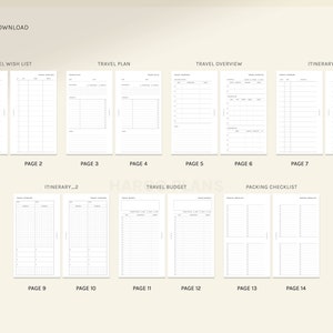 Op de afbeelding: Een printbare reisplanner met 14 pagina's, inclusief secties voor een reiswenslijst, een reisplan, een reisoverzicht, een routebeschrijving, een reisbudget en een paklijst.
