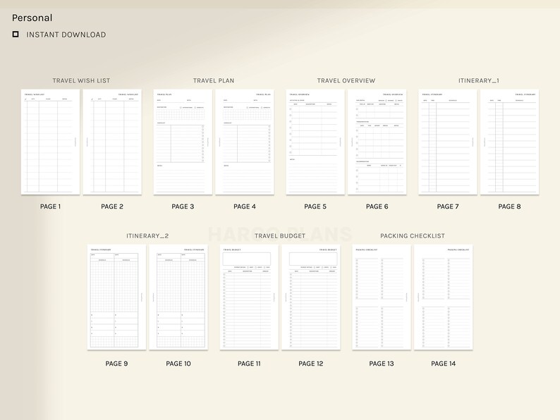 Op de afbeelding: Een printbare reisplanner met 14 pagina's, inclusief secties voor een reiswenslijst, een reisplan, een reisoverzicht, een routebeschrijving, een reisbudget en een paklijst.