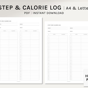 Stap- en calorielogboek | A4, Letter Printable Planner Inserts | Health Journal Template | Walking Tracker voor Fitness PDF-| Digitale download