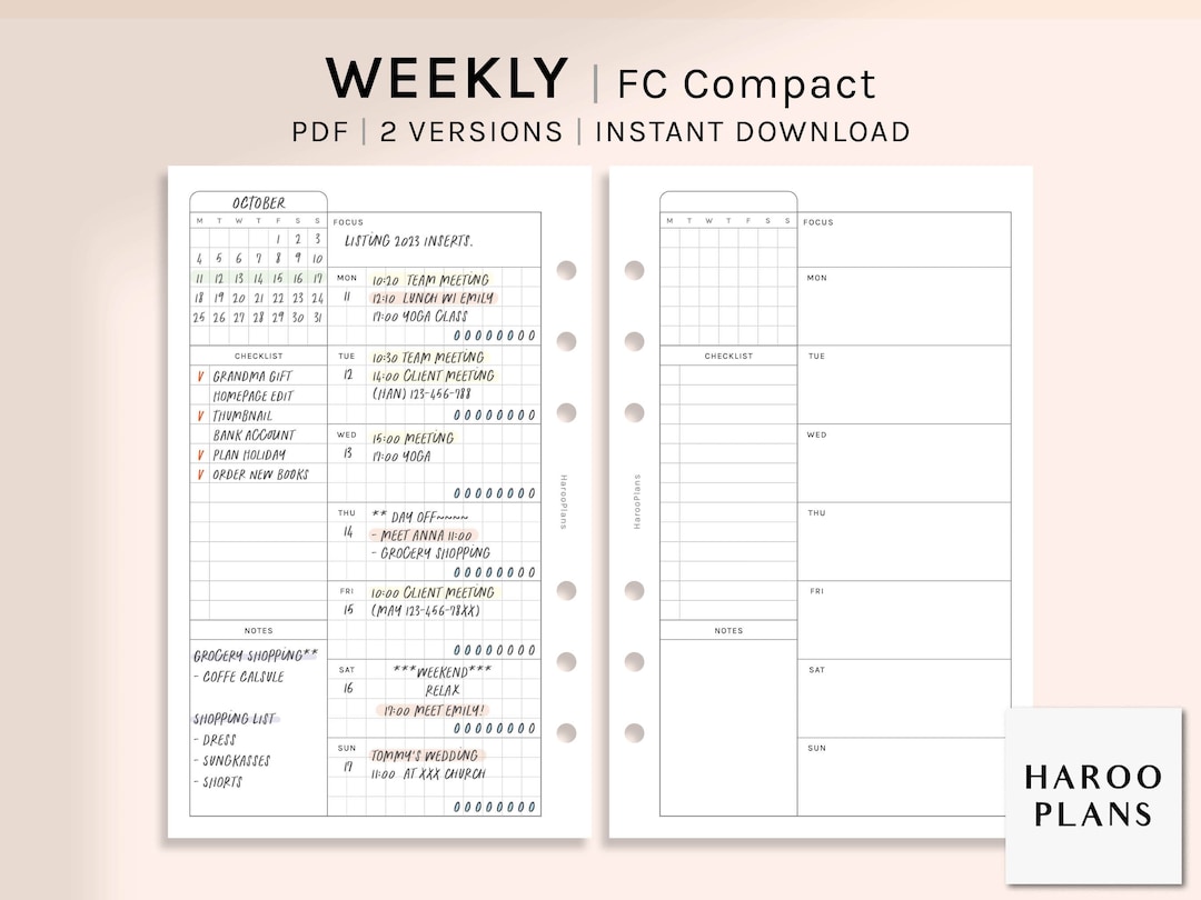 Undated Weekly Planner | FC Compact Printable Inserts | WO1P Layout ...