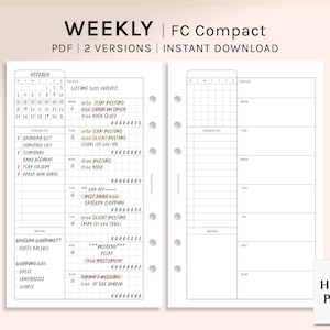Undated Weekly Planner | FC Compact Printable Inserts | WO1P Layout Template | Schedule Worksheet PDF | with Calendar | Digital Download
