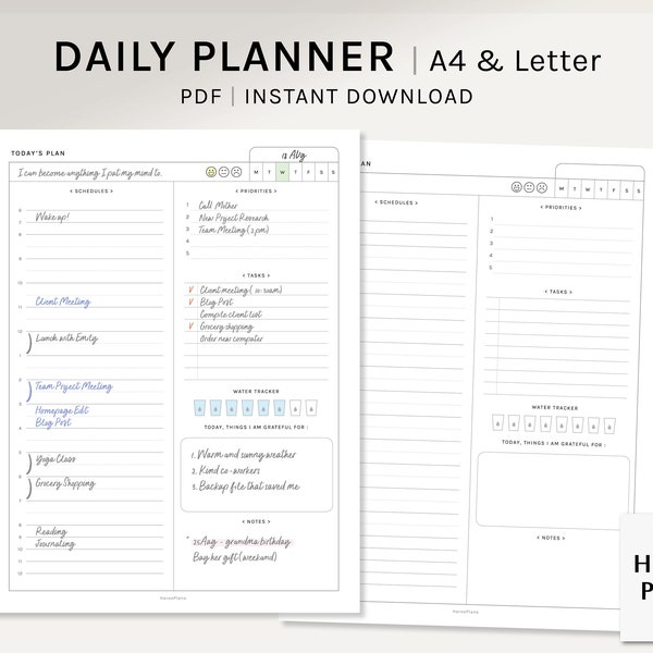 Dagelijkse taakplanner | A4, US Letter Afdrukbare Inserts | Dagelijks schema sjabloon | Het journaal van vandaag | Ongedateerd dagplanblad | Digitale download