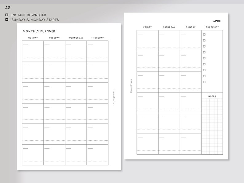 Undated Monthly Printable Planner Inserts A6 MO2P Template - Etsy