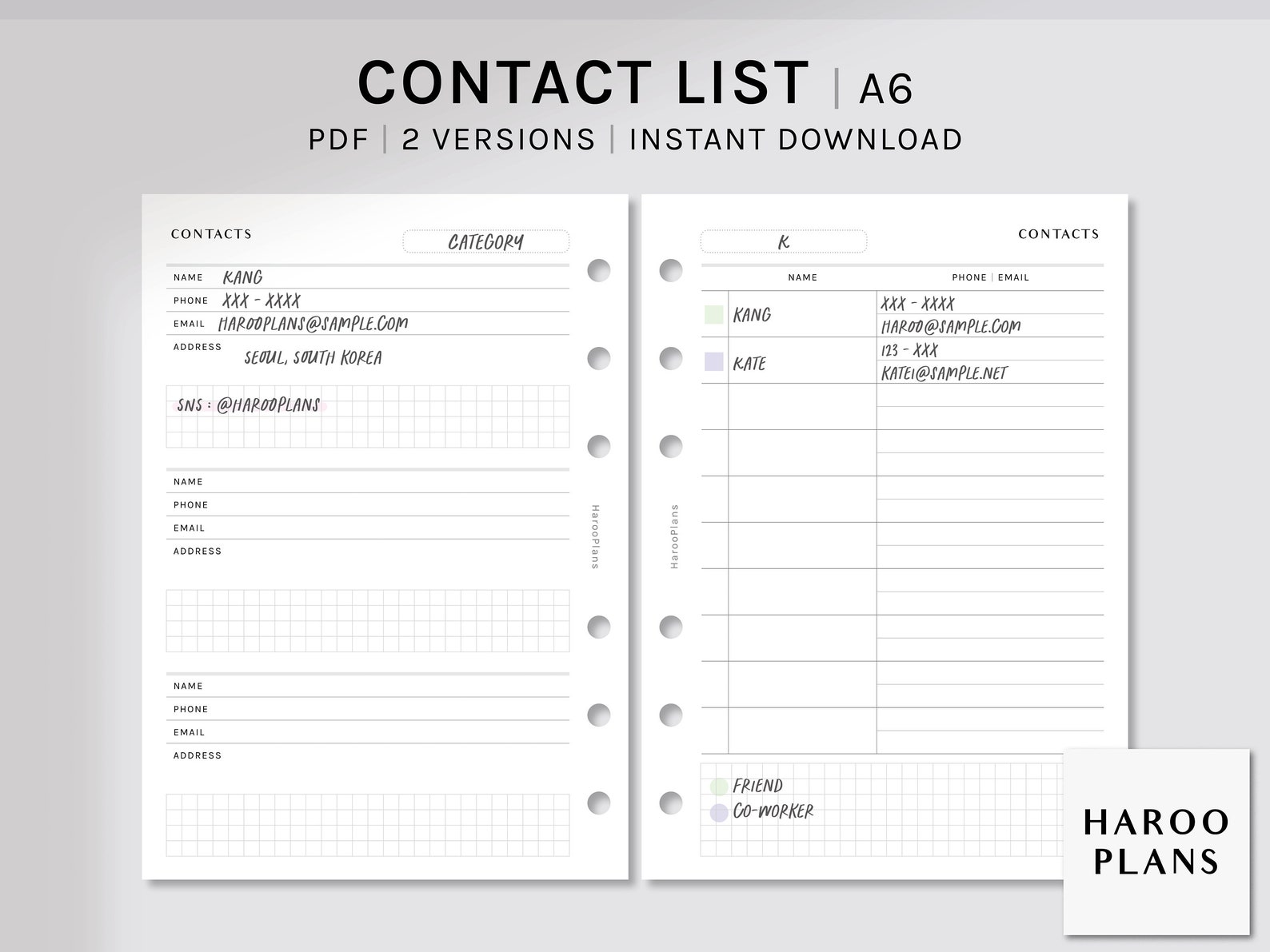 Contact List Sheet | A6 Printable Planner Inserts | Simple Phone Number ...